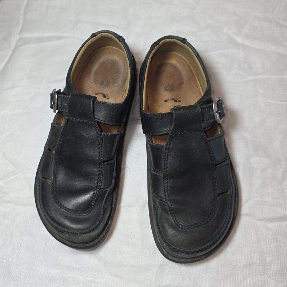 Footprints by Birkenstock Fisherman Black Leather Strap Sandals with Buckle